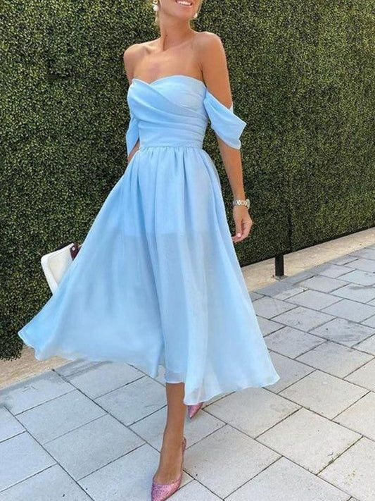 A-Line/Princess Chiffon Ruched Off-the-Shoulder Sleeveless Tea-Length Homecoming Dress