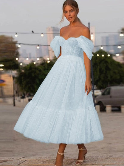 A-Line/Princess Tulle Ruffles Off-the-Shoulder Sleeveless Tea-Length Homecoming Prom Dress