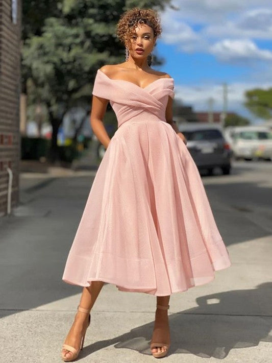 A-Line/Princess Ruched Off-the-Shoulder Sleeveless Tea-Length Homecoming Prom Dress