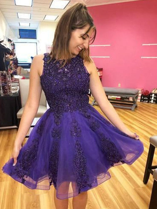A-Line/Princess Tulle Beading Scoop Sleeveless Short/Mini Homecoming Prom Dress