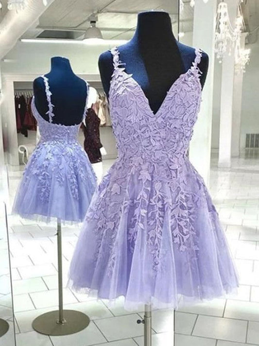 A-Line/Princess Tulle Applique V-neck Sleeveless Short/Mini Prom Dress