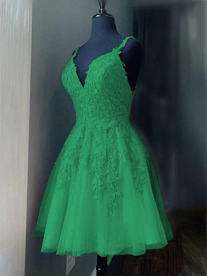 A-Line/Princess Tulle Applique V-neck Sleeveless Short/Mini Prom Dress