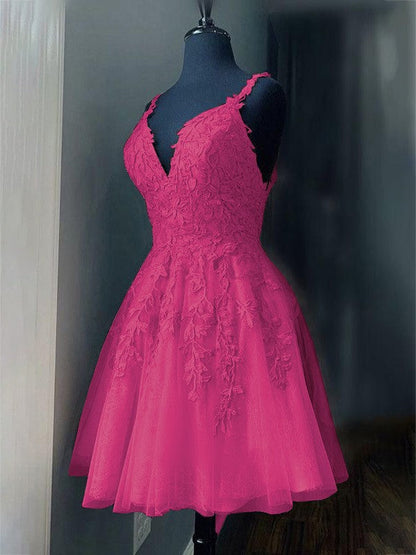 A-Line/Princess Tulle Applique V-neck Sleeveless Short/Mini Prom Dress