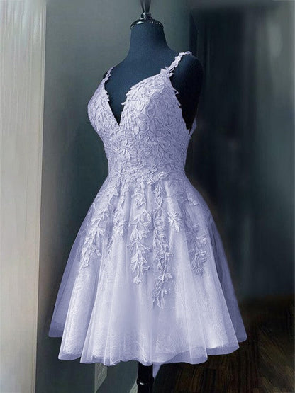 A-Line/Princess Tulle Applique V-neck Sleeveless Short/Mini Prom Dress