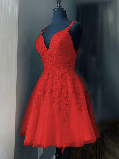 A-Line/Princess Tulle Applique V-neck Sleeveless Short/Mini Prom Dress