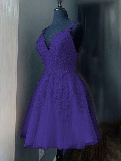 A-Line/Princess Tulle Applique V-neck Sleeveless Short/Mini Prom Dress