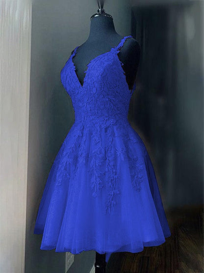 A-Line/Princess Tulle Applique V-neck Sleeveless Short/Mini Prom Dress