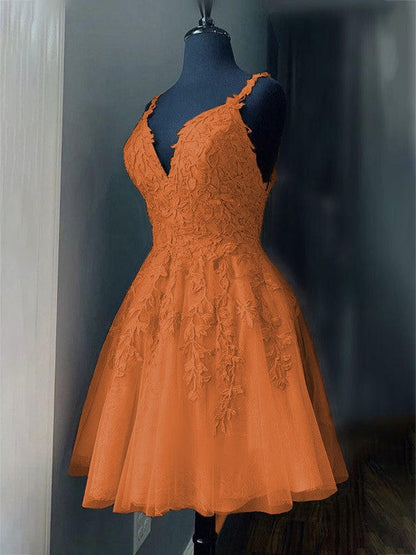 A-Line/Princess Tulle Applique V-neck Sleeveless Short/Mini Prom Dress