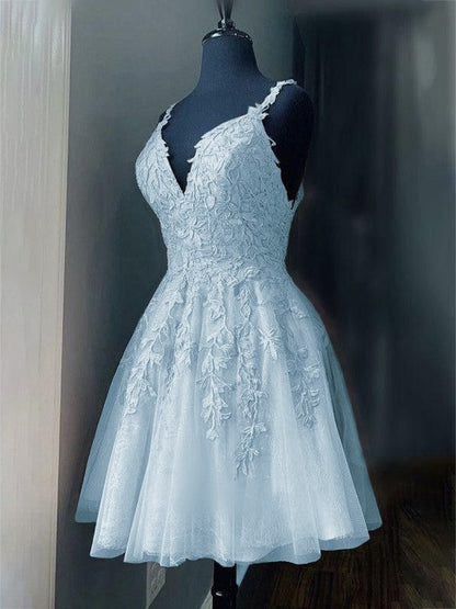 A-Line/Princess Tulle Applique V-neck Sleeveless Short/Mini Prom Dress