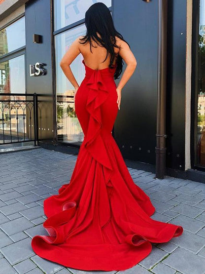 Fancy Red Mermaid Stretch Crepe Ruffles Halter Sleeveless Chapel Train Prom Dress