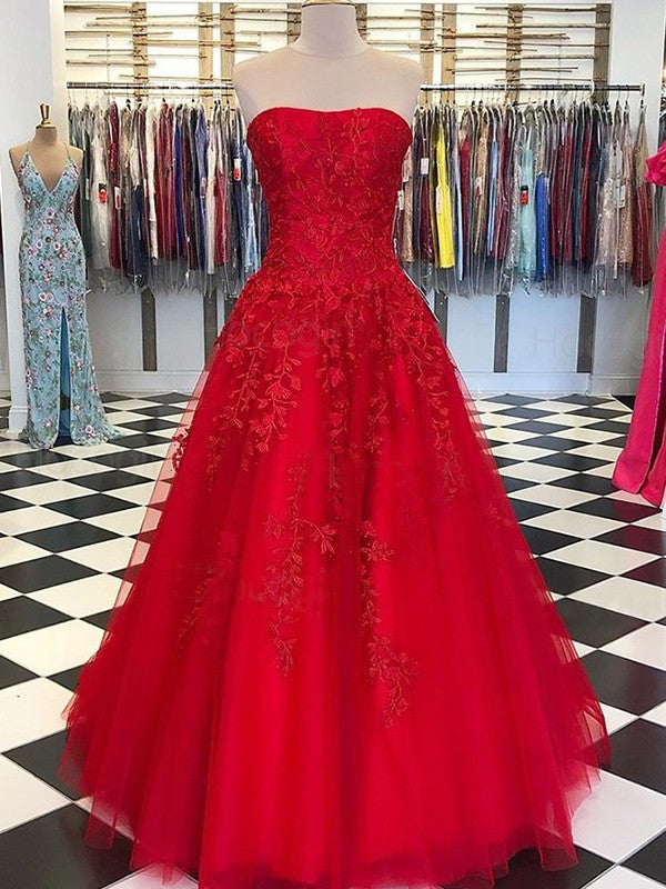 Gorgeous Red A-Line Tulle Applique Strapless Sleeveless Floor-Length Prom Dress