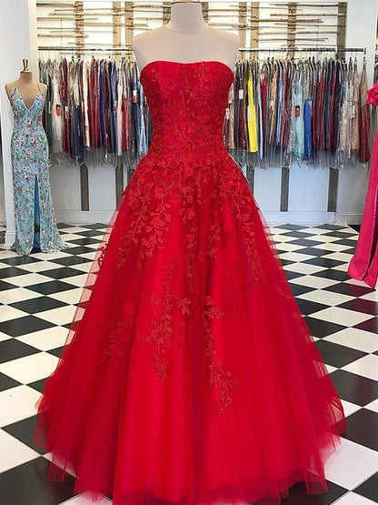Gorgeous Red A-Line Tulle Applique Strapless Sleeveless Floor-Length Prom Dress