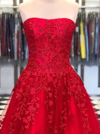 Gorgeous Red A-Line Tulle Applique Strapless Sleeveless Floor-Length Prom Dress
