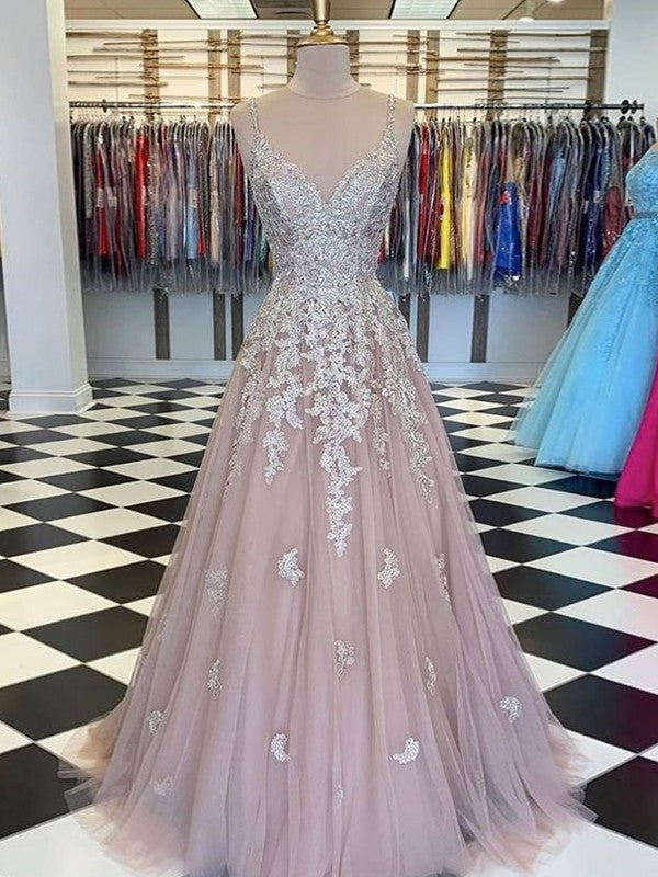Gorgeous Pearl Pink A-Line Tulle Applique V-neck Sleeveless Floor-Length Prom Dress