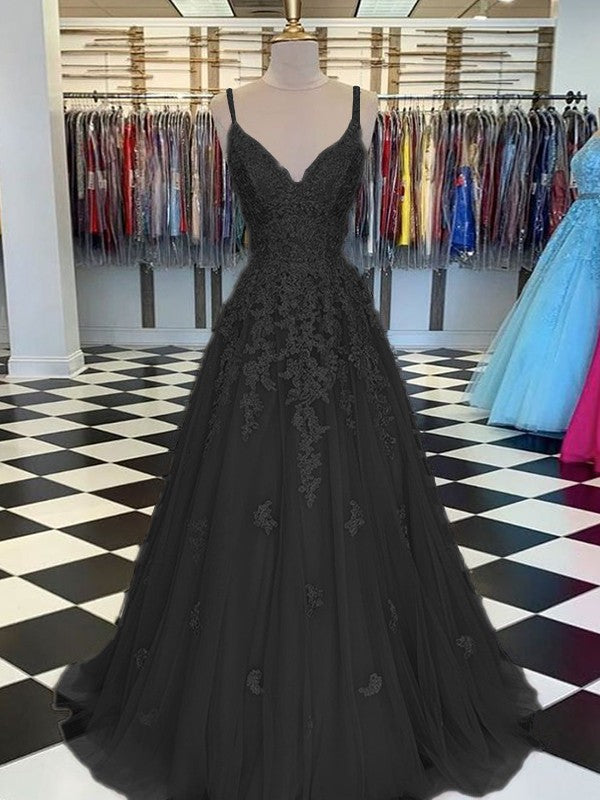 Gorgeous Pearl Pink A-Line Tulle Applique V-neck Sleeveless Floor-Length Prom Dress