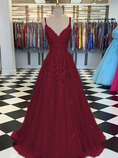 Gorgeous Pearl Pink A-Line Tulle Applique V-neck Sleeveless Floor-Length Prom Dress