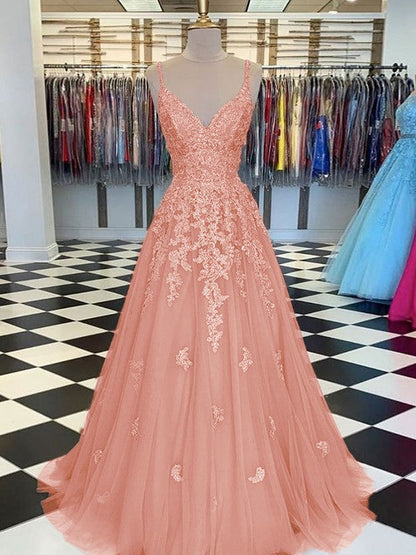 Gorgeous Pearl Pink A-Line Tulle Applique V-neck Sleeveless Floor-Length Prom Dress