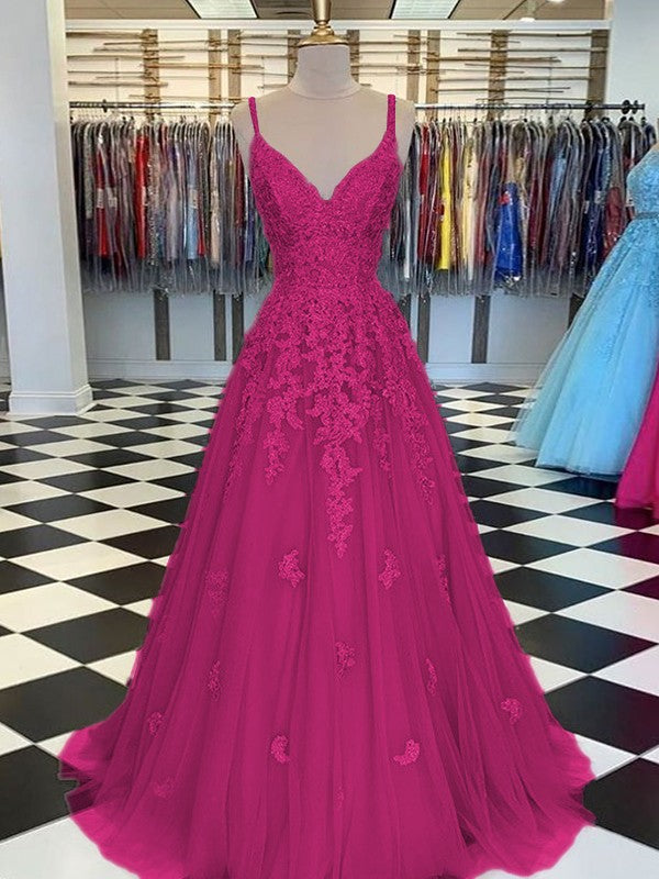 Gorgeous Pearl Pink A-Line Tulle Applique V-neck Sleeveless Floor-Length Prom Dress