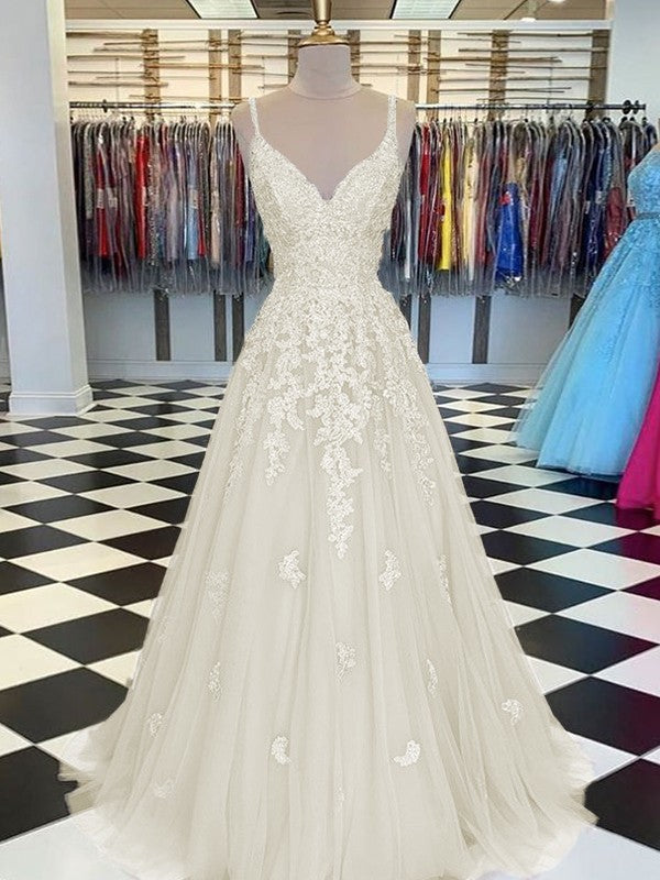 Gorgeous Pearl Pink A-Line Tulle Applique V-neck Sleeveless Floor-Length Prom Dress