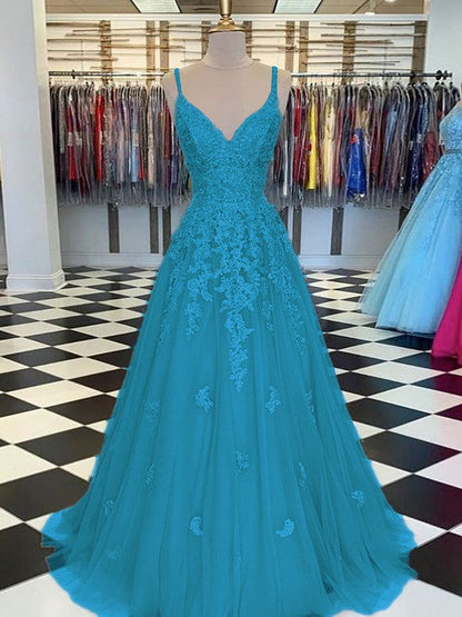 Gorgeous Pearl Pink A-Line Tulle Applique V-neck Sleeveless Floor-Length Prom Dress