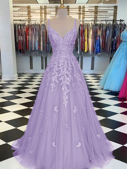 Gorgeous Pearl Pink A-Line Tulle Applique V-neck Sleeveless Floor-Length Prom Dress