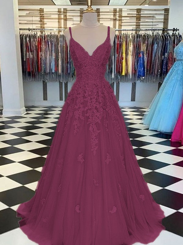 Gorgeous Pearl Pink A-Line Tulle Applique V-neck Sleeveless Floor-Length Prom Dress