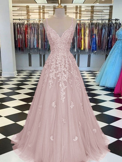Gorgeous Pearl Pink A-Line Tulle Applique V-neck Sleeveless Floor-Length Prom Dress