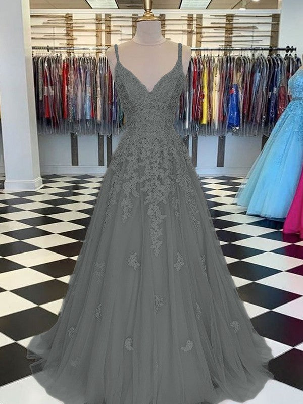 Gorgeous Pearl Pink A-Line Tulle Applique V-neck Sleeveless Floor-Length Prom Dress