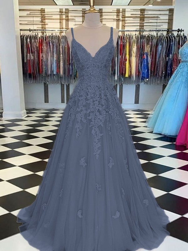 Gorgeous Pearl Pink A-Line Tulle Applique V-neck Sleeveless Floor-Length Prom Dress