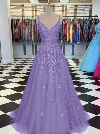 Gorgeous Pearl Pink A-Line Tulle Applique V-neck Sleeveless Floor-Length Prom Dress