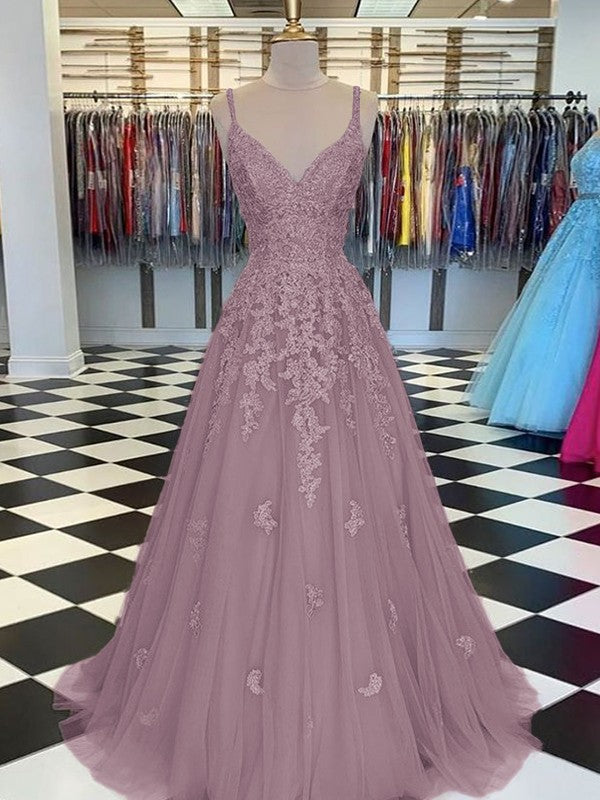 Gorgeous Pearl Pink A-Line Tulle Applique V-neck Sleeveless Floor-Length Prom Dress