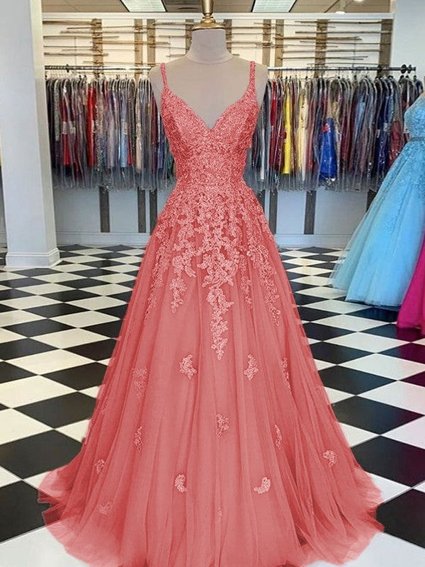 Gorgeous Pearl Pink A-Line Tulle Applique V-neck Sleeveless Floor-Length Prom Dress