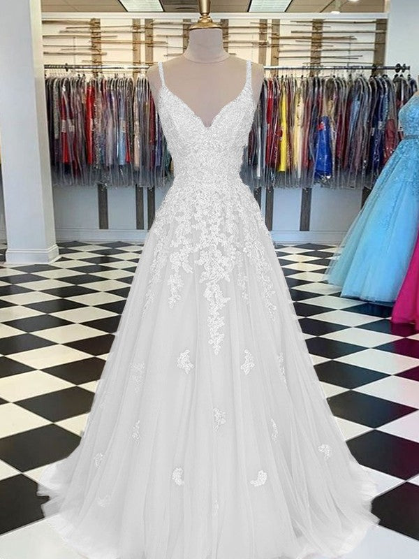 Gorgeous Pearl Pink A-Line Tulle Applique V-neck Sleeveless Floor-Length Prom Dress