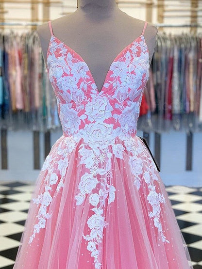 Gorgeous Pink A-Line Tulle Applique V-neck Sleeveless Floor-Length Prom Dress