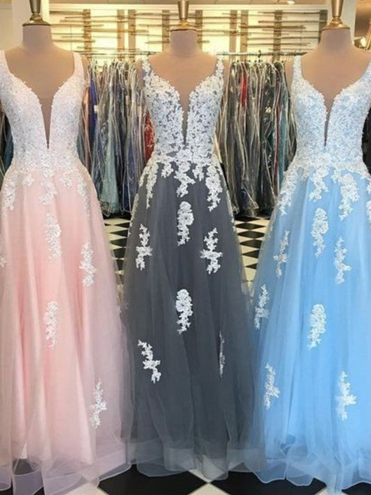 Super Pink A-Line Tulle Applique V-neck Sleeveless Floor-Length Prom Dress