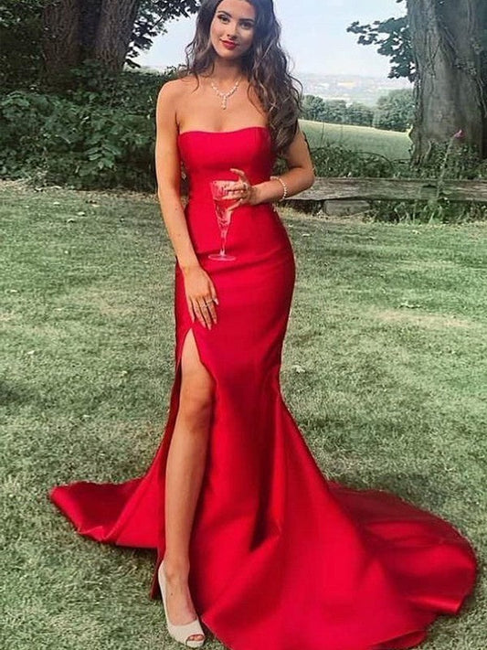 Super Red Sheath Satin Ruffles Strapless Sleeveless Sweep/Brush Train Prom Dress