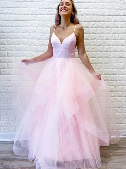 Super Pink A-Line Tulle Ruffles V-neck Sleeveless Floor-Length Prom Dress