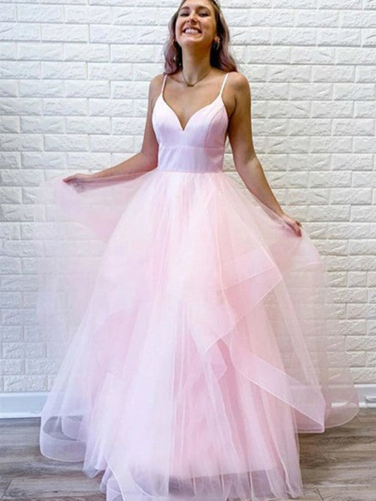 Super Pink A-Line Tulle Ruffles V-neck Sleeveless Floor-Length Prom Dress