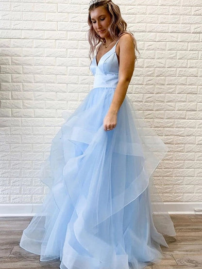 Super Pink A-Line Tulle Ruffles V-neck Sleeveless Floor-Length Prom Dress