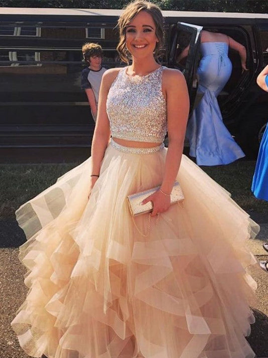 Super Champagne A-Line Tulle Beading Scoop Sleeveless Floor-Length Two Piece Prom Dress