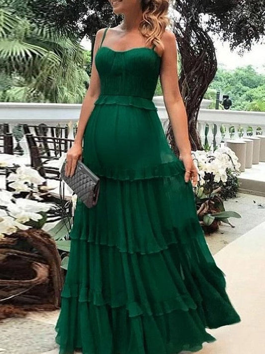 Super Dark Green A-Line Chiffon Ruched Spaghetti Straps Sleeveless Floor-Length Prom Dress
