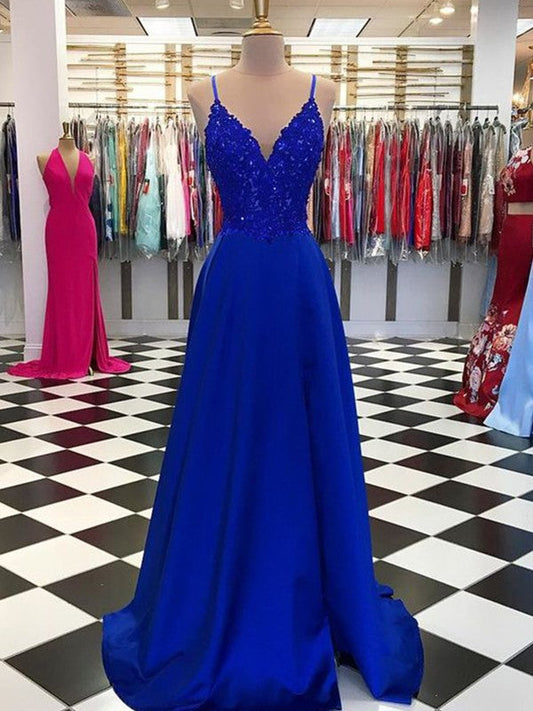 Super Royal Blue A-Line Satin Applique V-neck Sleeveless Sweep/Brush Train Prom Dress