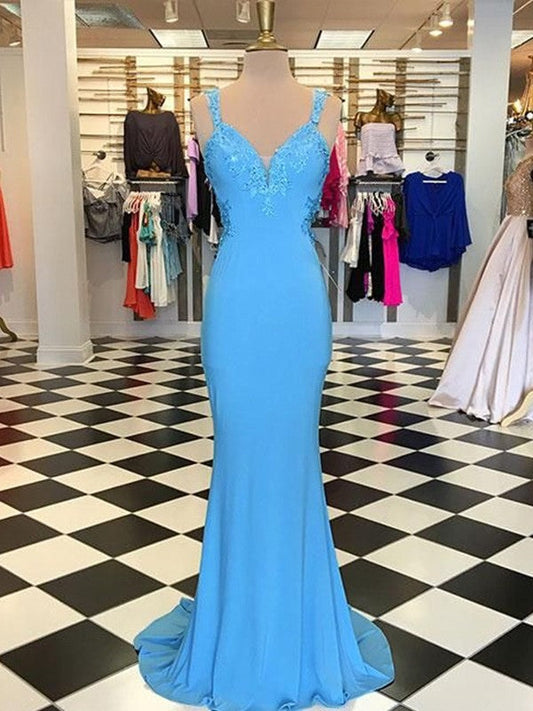 Lovely Blue Sheath Jersey Applique V-neck Sleeveless Sweep/Brush Train Prom Dress