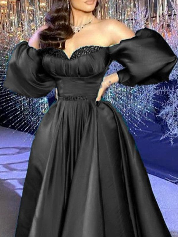 Lovely Black A-Line Satin Ruffles Off-the-Shoulder Long Sleeves Sweep/Brush Train Prom Dress