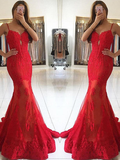 Lovely Red Mermaid Lace Applique Sweetheart Sleeveless Sweep/Brush Train Prom Dress
