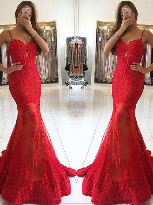 Lovely Red Mermaid Lace Applique Sweetheart Sleeveless Sweep/Brush Train Prom Dress
