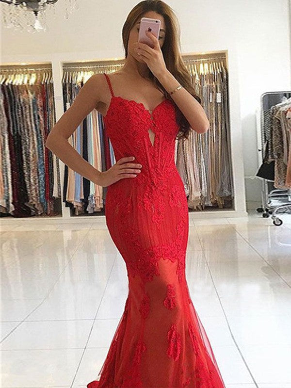 Lovely Red Mermaid Lace Applique Sweetheart Sleeveless Sweep/Brush Train Prom Dress