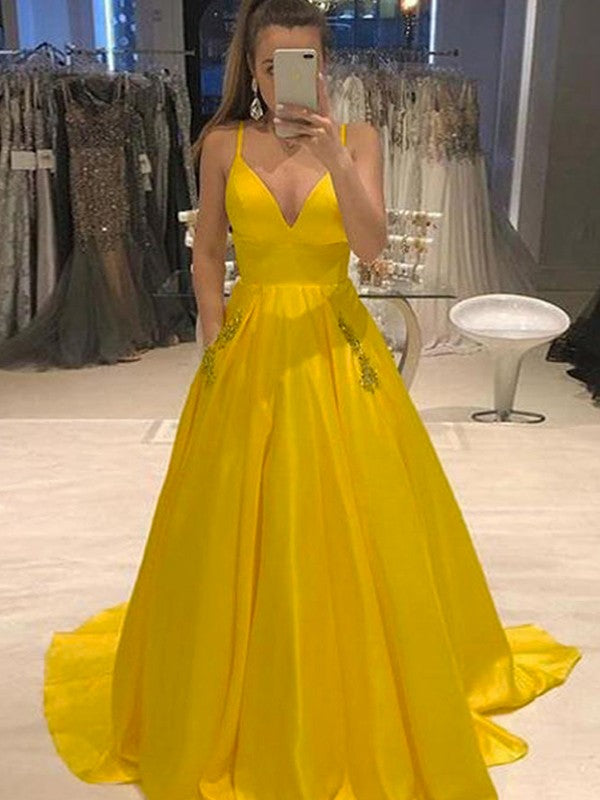 Fancy Yellow A-Line Satin Ruffles V-neck Sleeveless Sweep/Brush Train Prom Dress
