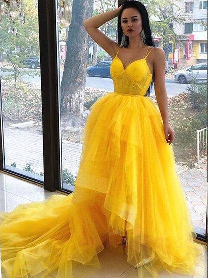 Gorgeous Yellow A-Line Tulle Ruffles V-neck Sleeveless Asymmetrical Prom Dress