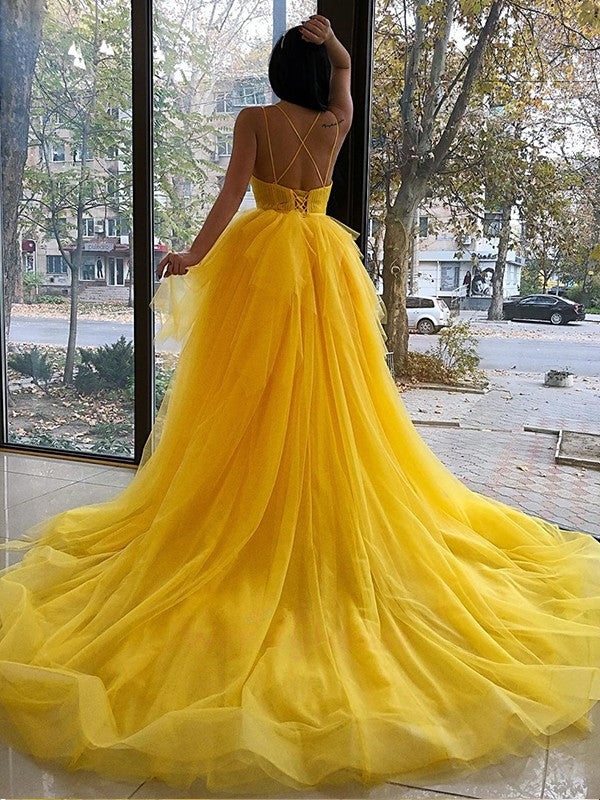 Gorgeous Yellow A-Line Tulle Ruffles V-neck Sleeveless Asymmetrical Prom Dress